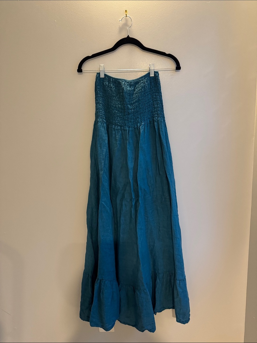 Linen Teal Strapless Smocked Maxi Dress - Picture 3 of 3